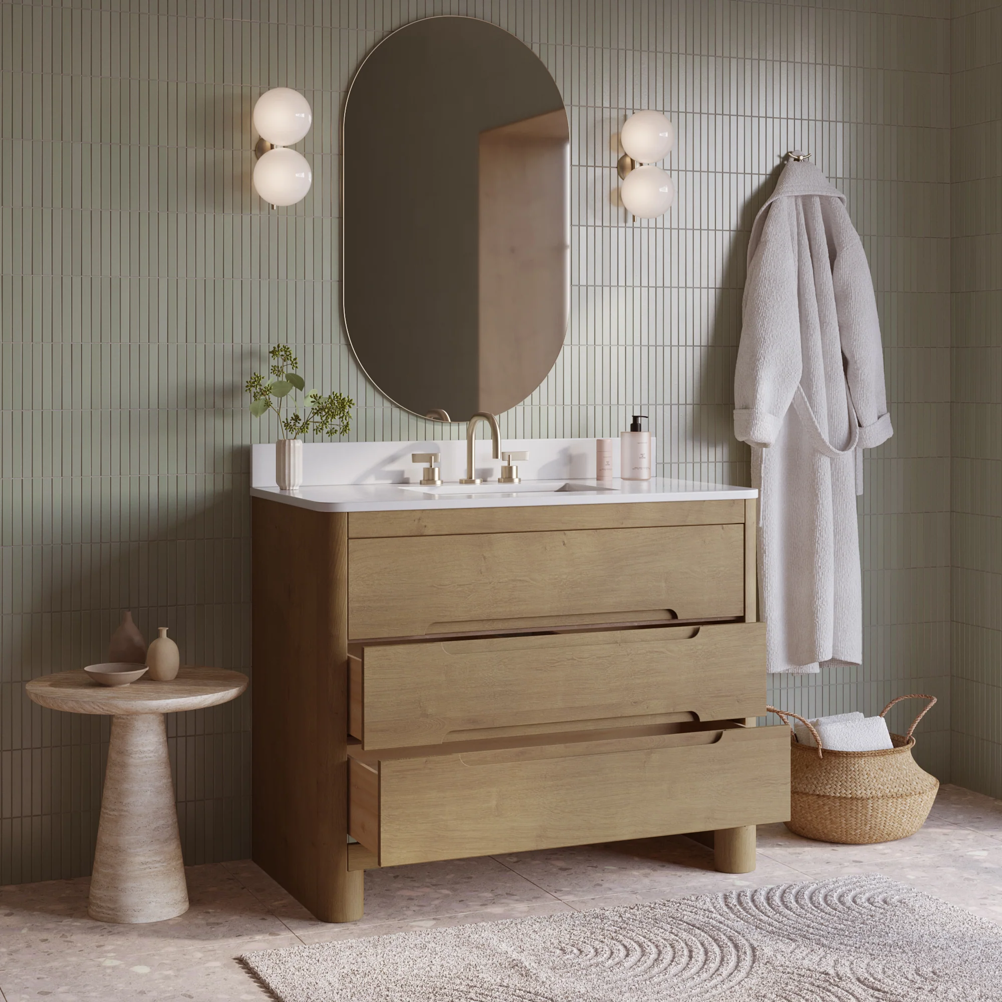 Oslo 42" Single Bathroom Vanity in Varnished Oak | White Quartz Countertop - Image 3