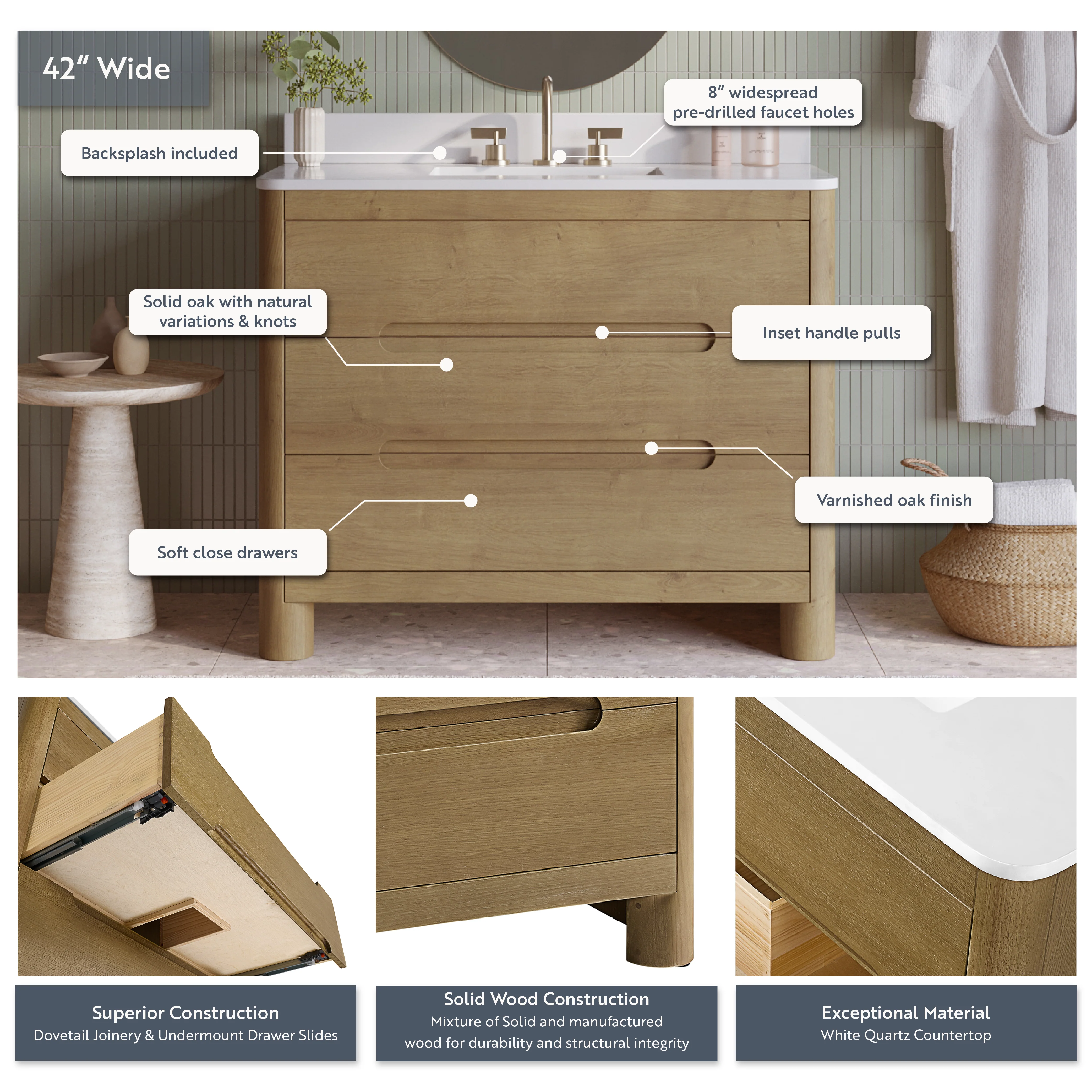 Oslo 42" Single Bathroom Vanity in Varnished Oak | White Quartz Countertop - Image 4