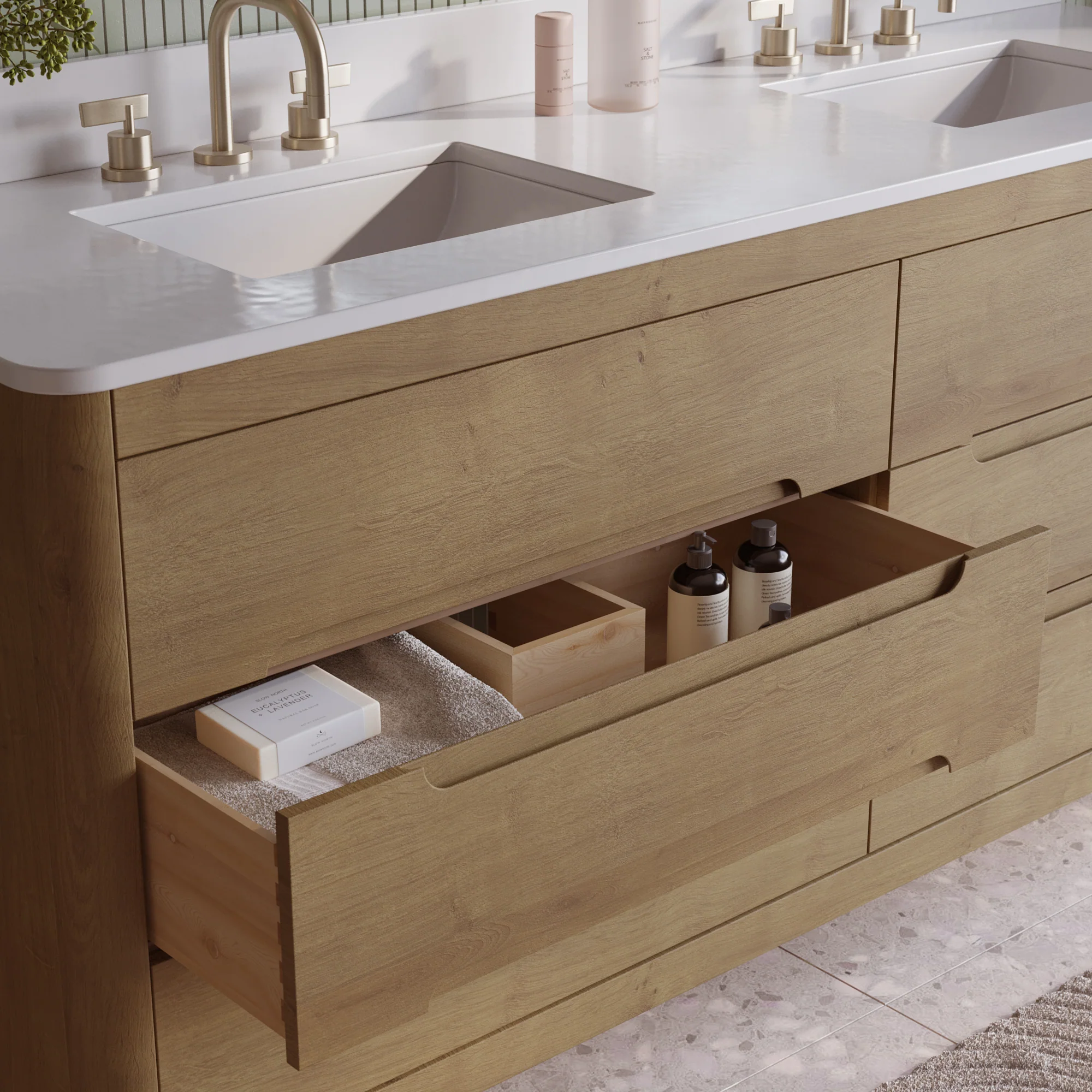 Oslo 72" Double Bathroom Vanity in Varnished Oak | White Quartz Countertop - Image 10