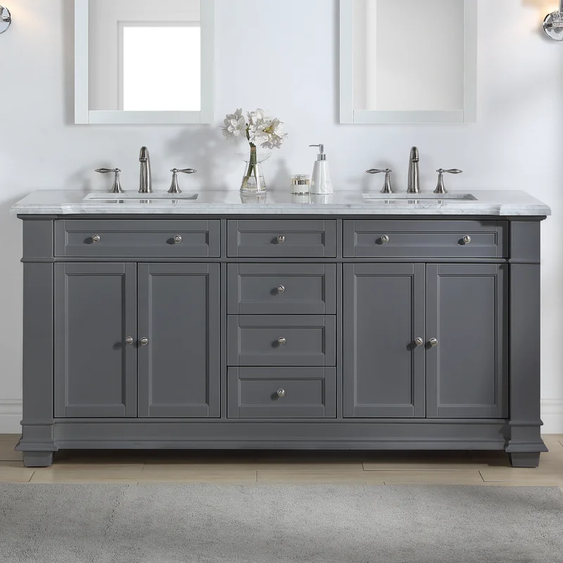 Siena 72" Traditional Double Bathroom Vanity | Carrara Marble Top in Grey - Image 11