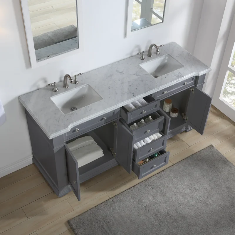 Siena 72" Traditional Double Bathroom Vanity | Carrara Marble Top in Grey - Image 7