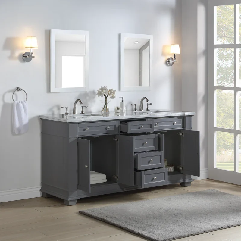 Siena 72" Traditional Double Bathroom Vanity | Carrara Marble Top in Grey - Image 8