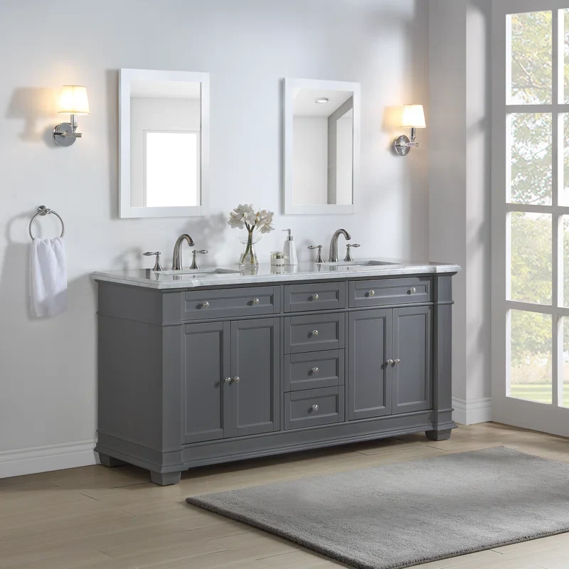 Siena 72" Traditional Double Bathroom Vanity | Carrara Marble Top in Grey - Image 9