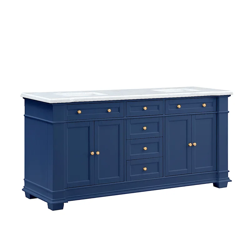 Siena 72" Traditional Double Bathroom Vanity | Carrara Marble Top In Navy - Image 3