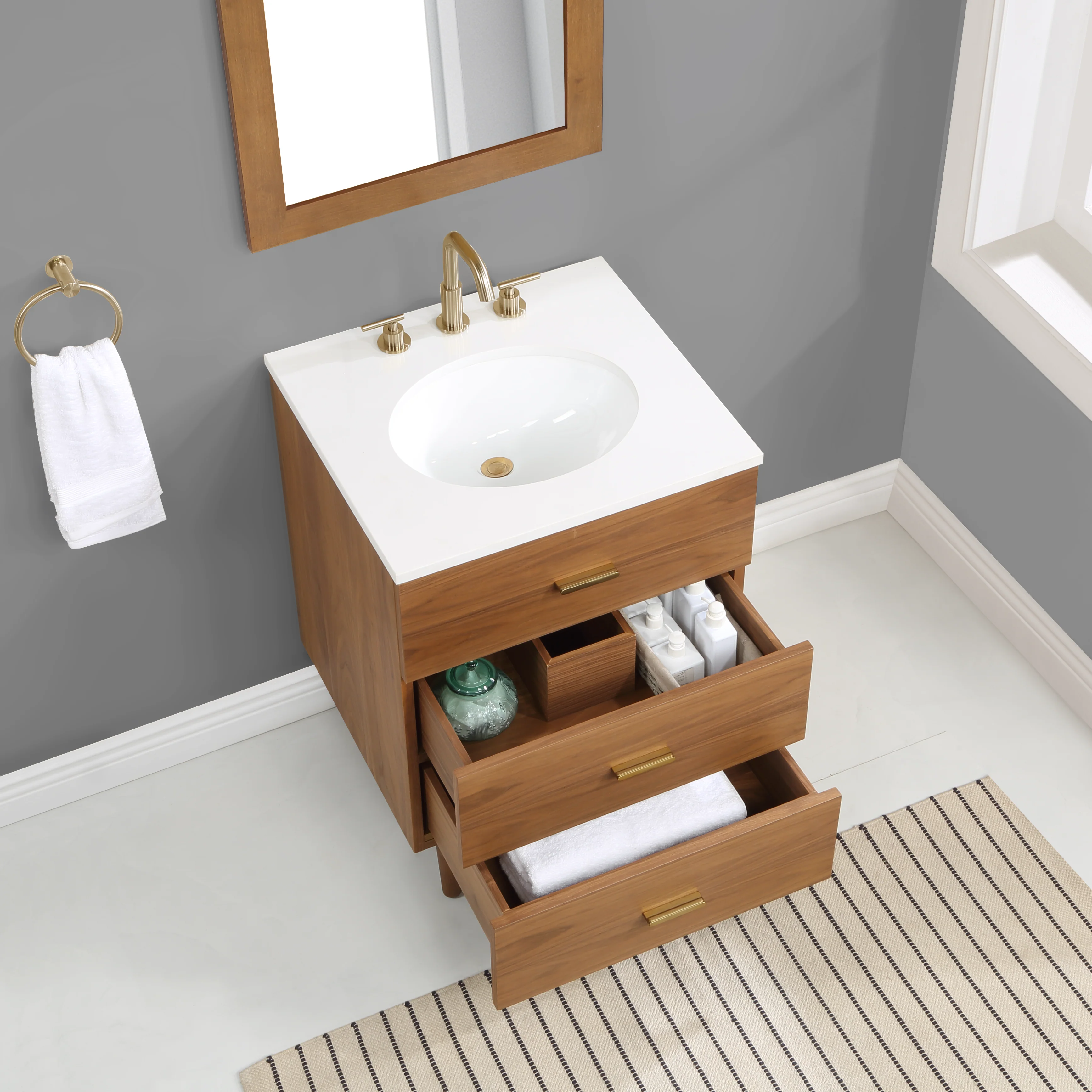 Stockholm 24'' Single Bathroom Vanity in Natural Walnut | White Quartz Countertop - Image 3