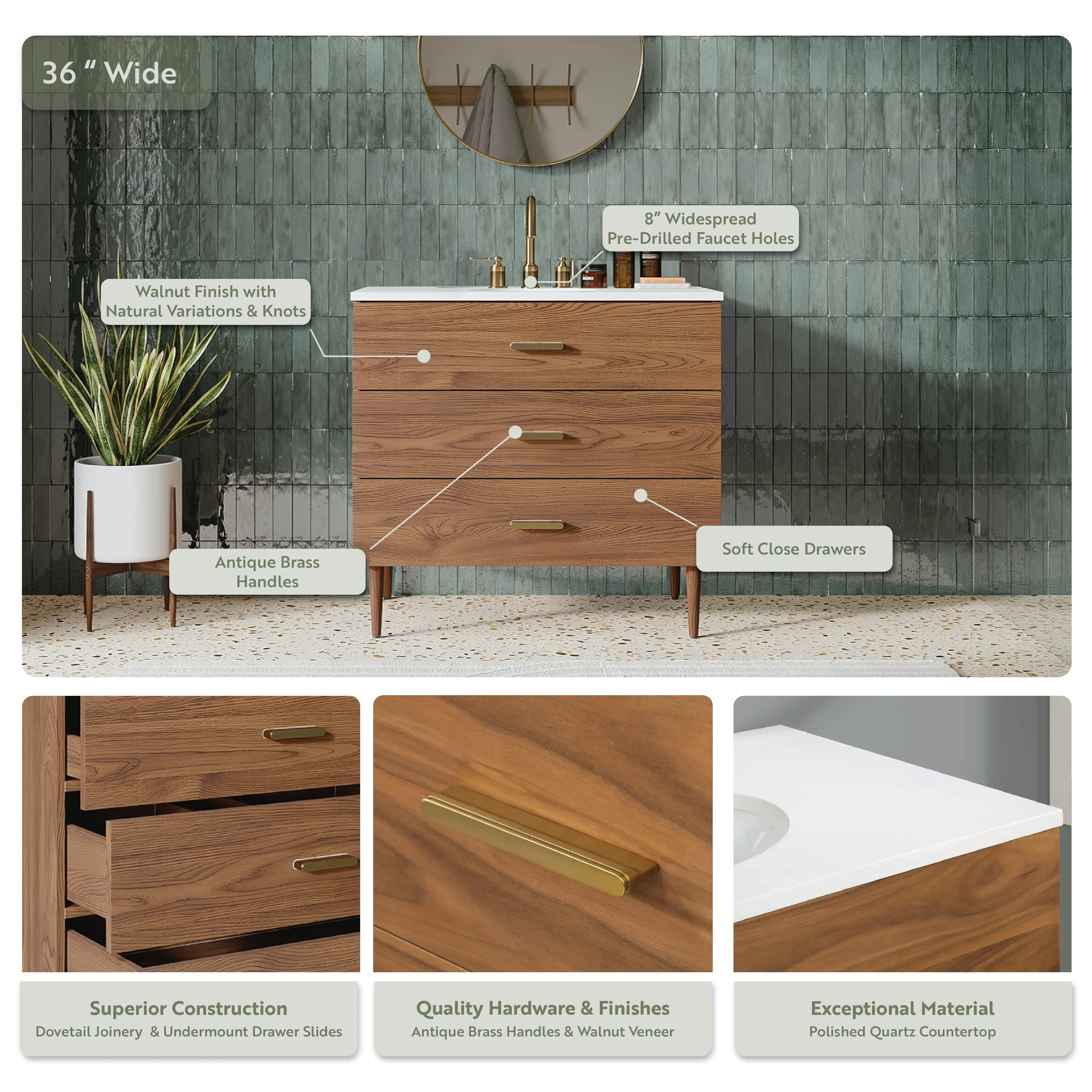 Stockholm 36" Single Bathroom Vanity in Natural Walnut | Quartz Countertop - Image 4