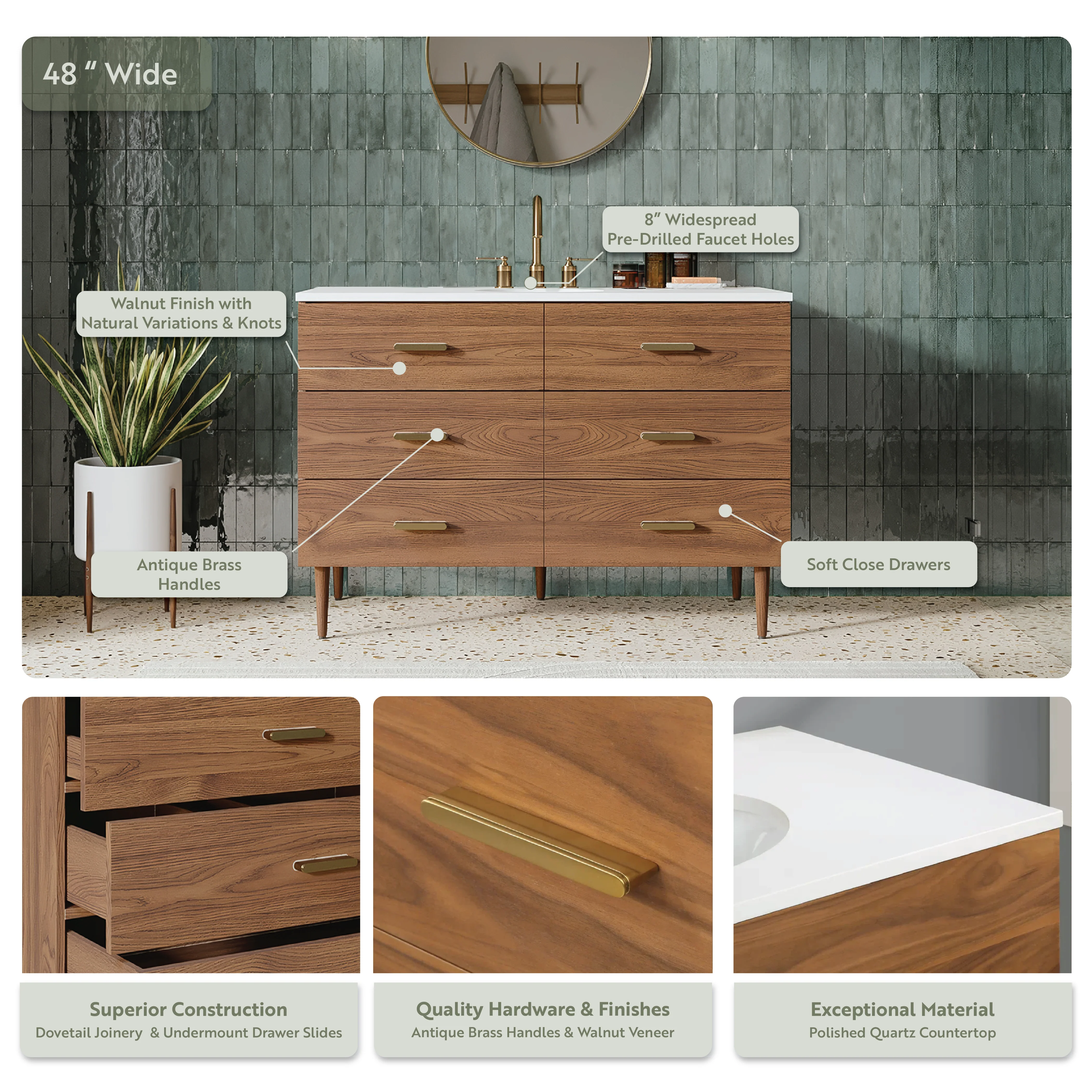 Stockholm 48" Single Bathroom Vanity in Natural Walnut | Quartz Countertop - Image 4