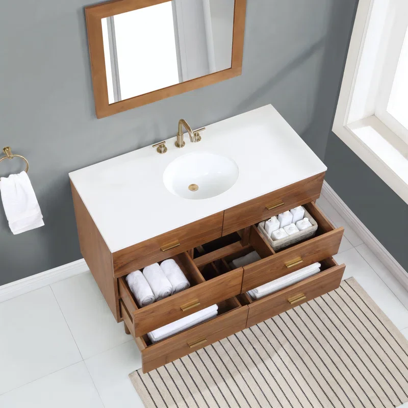 Stockholm 48" Single Bathroom Vanity in Natural Walnut | Quartz Countertop - Image 5