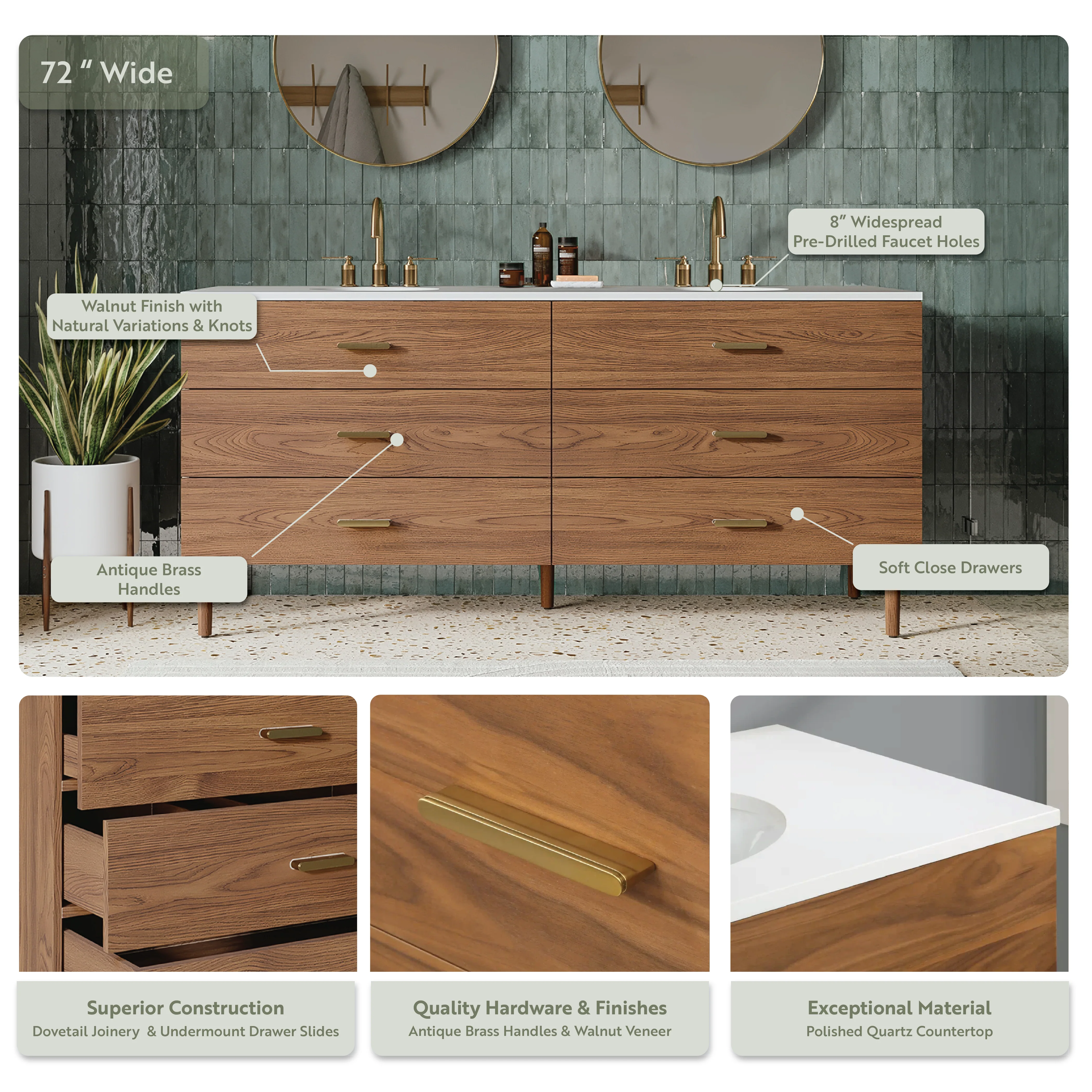 Stockholm 72" Double Bathroom Vanity in Natural Walnut | Quartz Countertop - Image 4