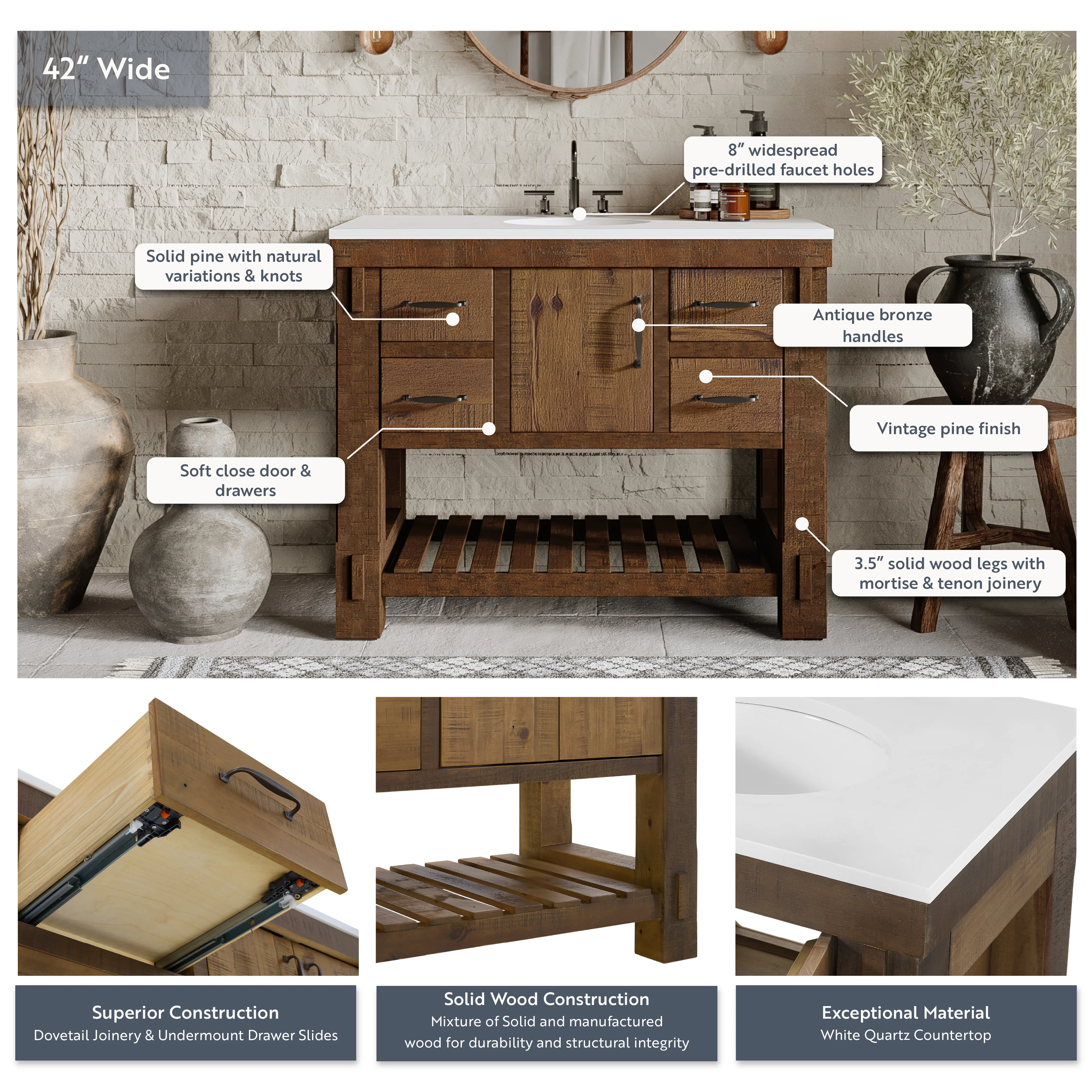 Telluride 42" Single Bathroom Vanity | White Quartz Countertop - Image 4