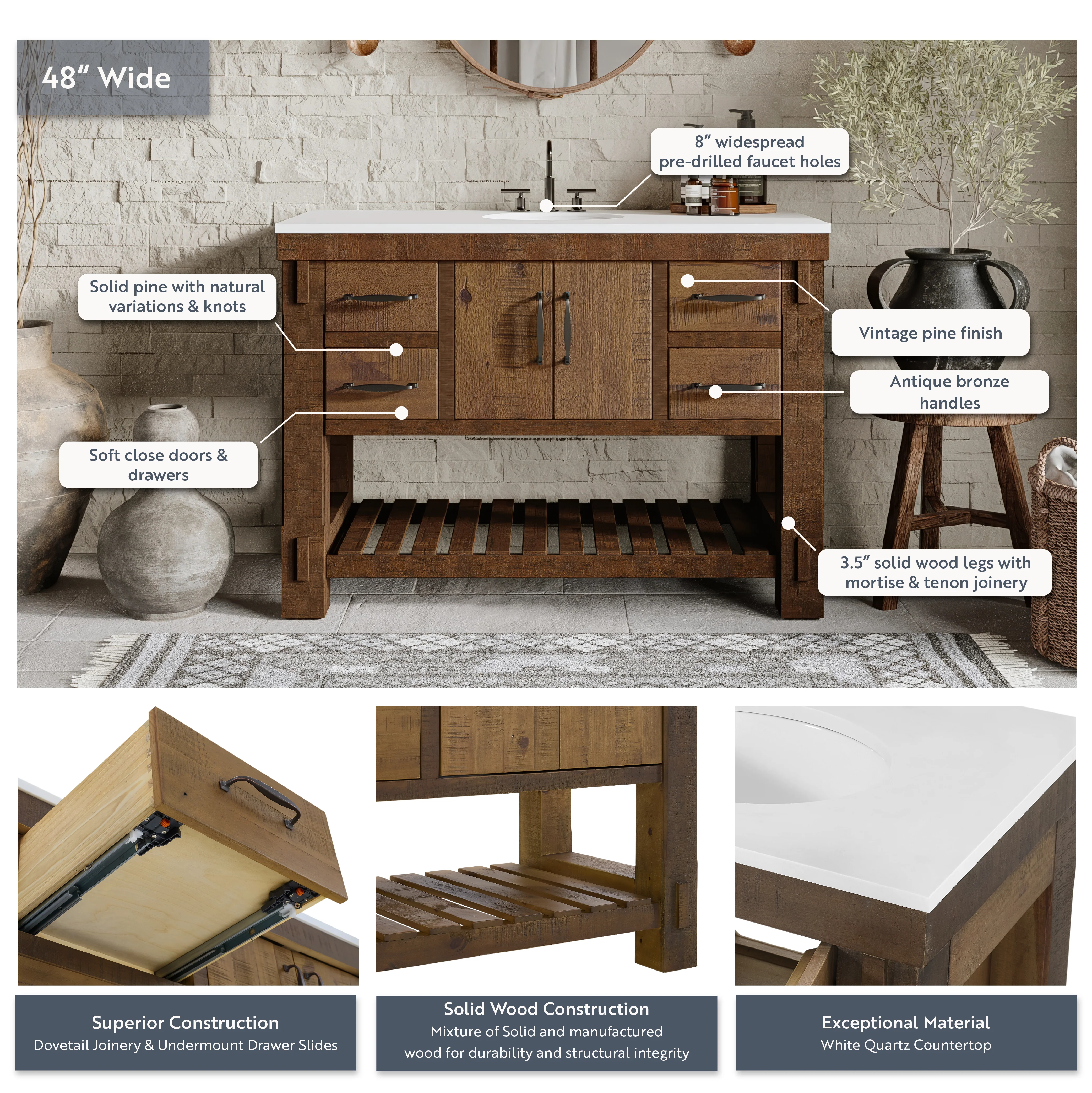 Telluride 48" Single Sink Bathroom Vanity | White Quartz Countertop - Image 4