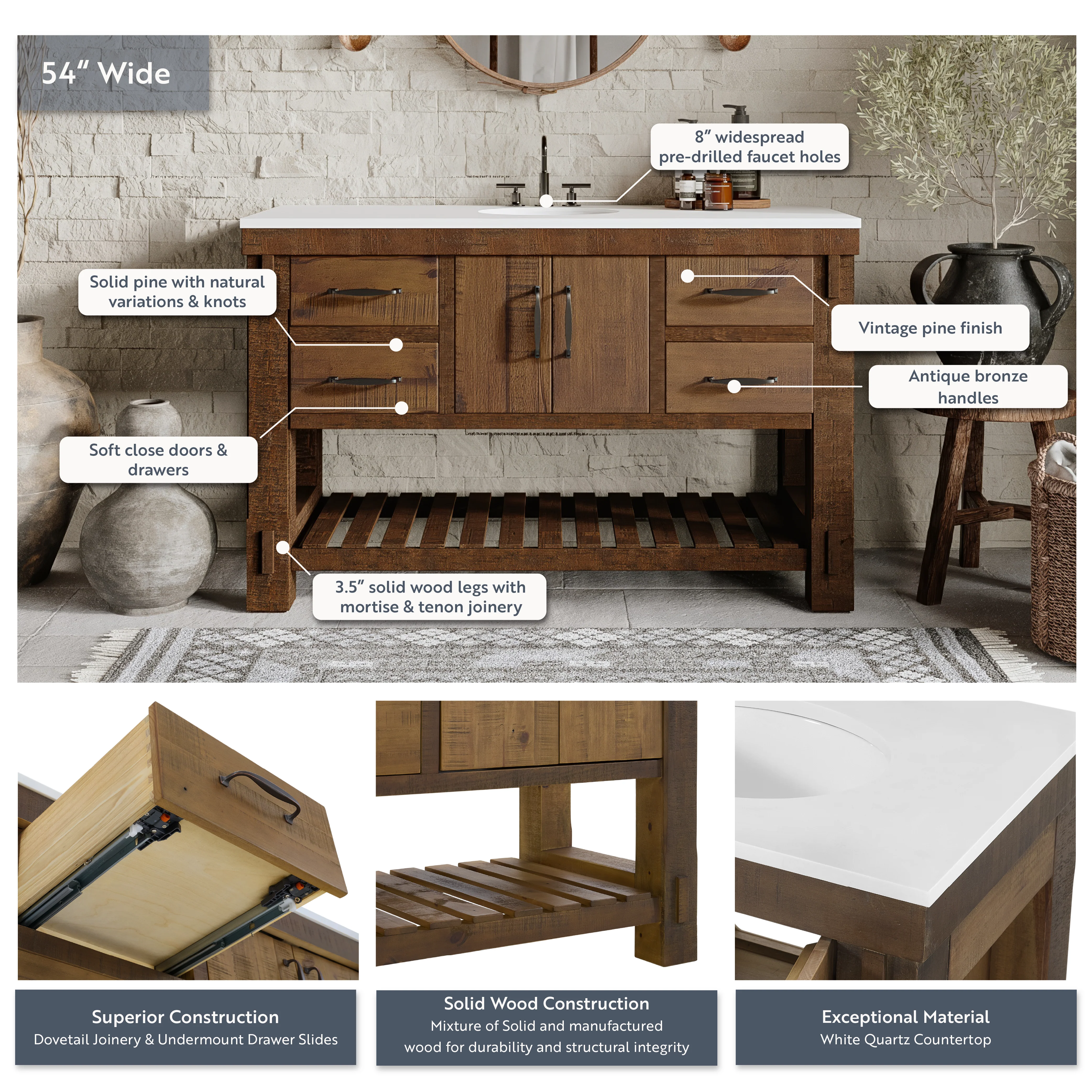 Telluride 54" Single Bathroom Vanity | Quartz Countertop - Image 4