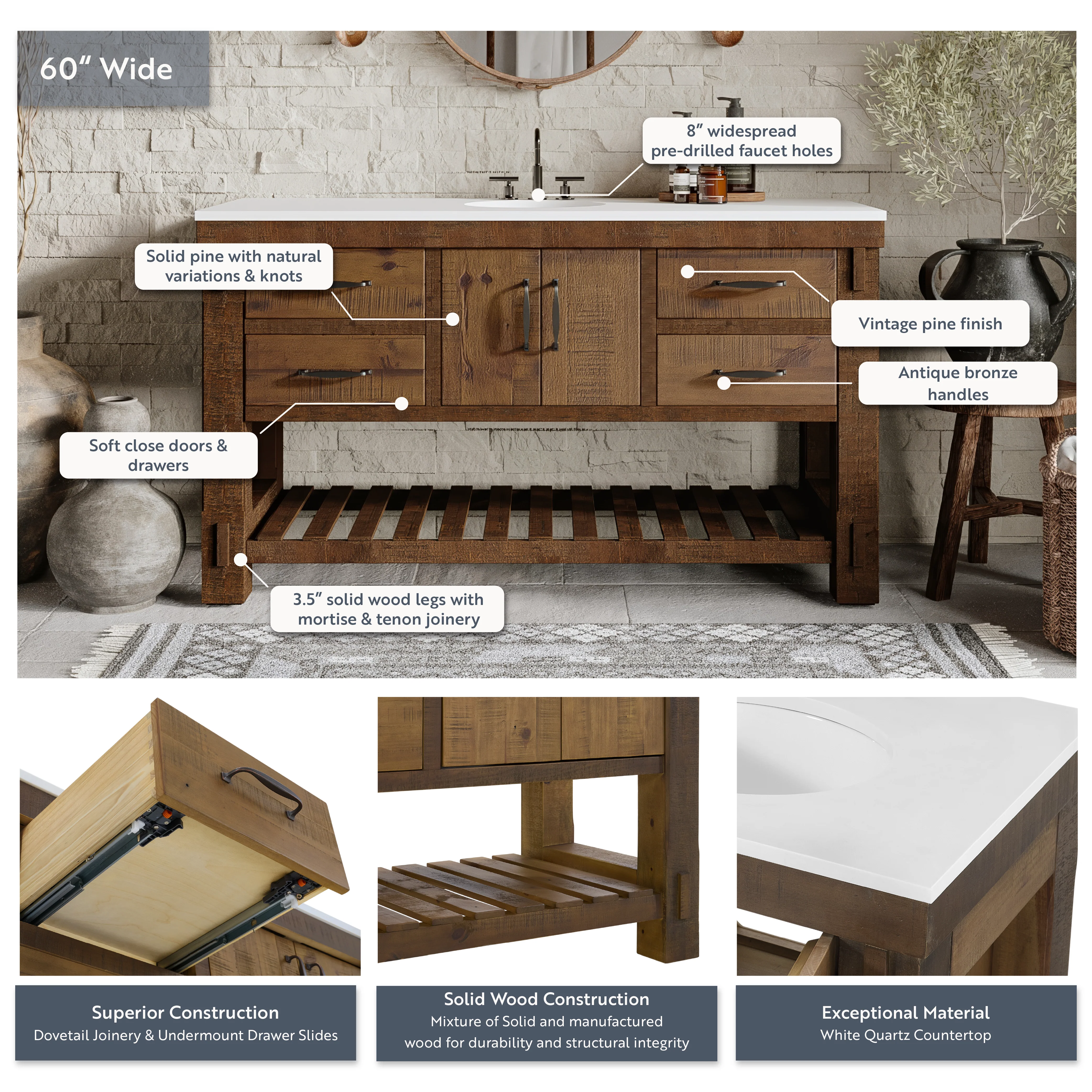 Telluride 60" Single Sink Bathroom Vanity | White Quartz Countertop - Image 4