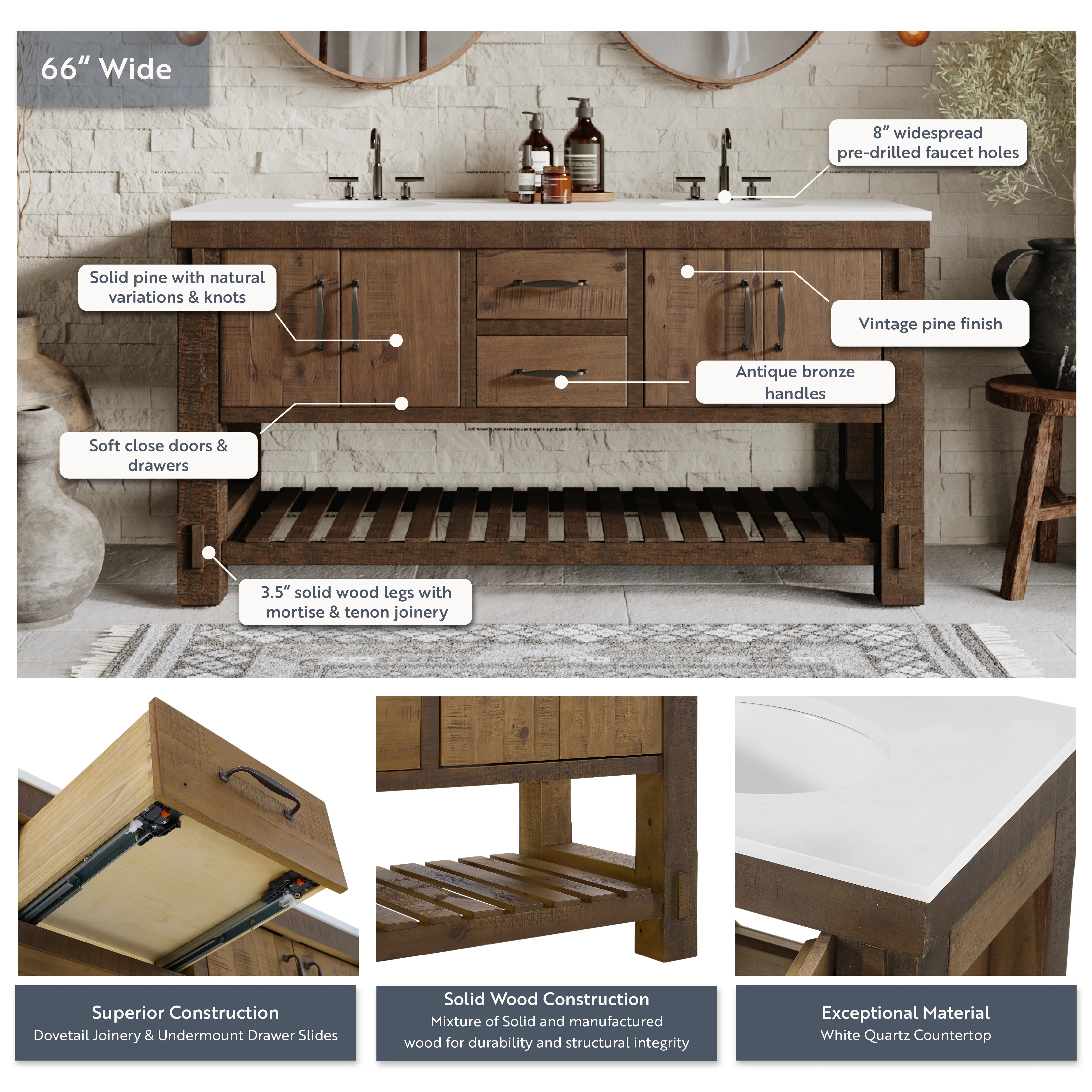 Telluride 66" Double Bathroom Vanity | White Quartz Countertop - Image 4
