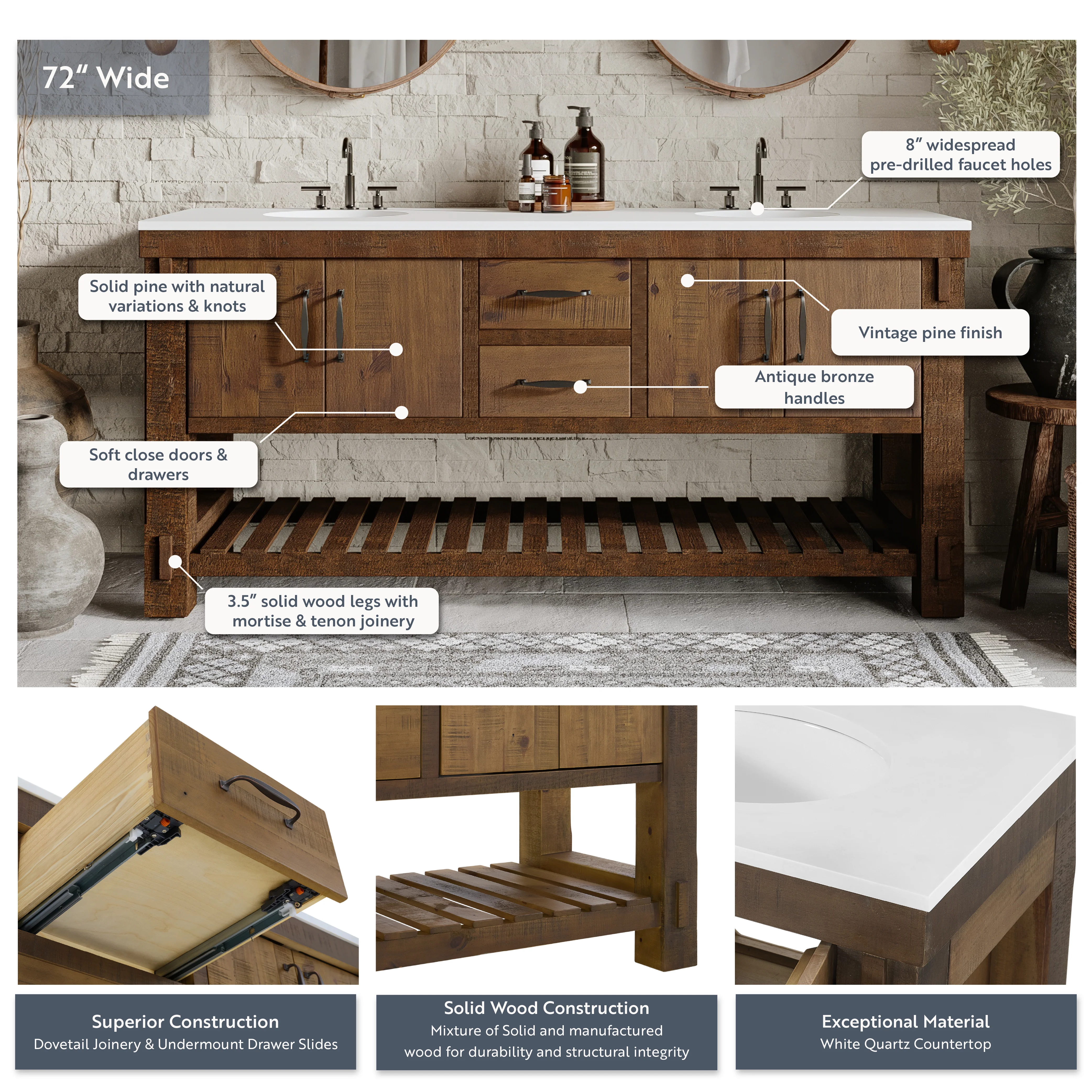 Telluride 72" Wide Double Bathroom Vanity | White Quartz Countertop - Image 4